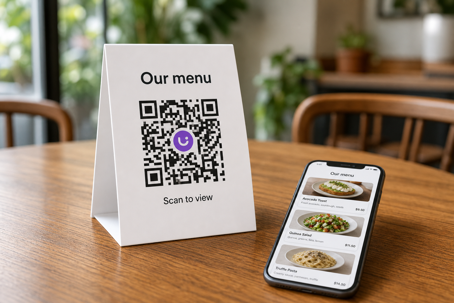 Restaurant table tent with a QR code and a phone showing a digital menu